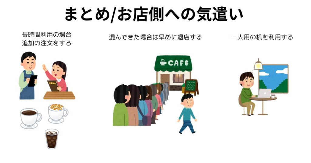 喫茶店（カフェ）を利用するにあたってお店への気遣いを表した図・長時間利用の場合追加の注文をする・混んできた場合は早めに退店する・一人用の机を利用する